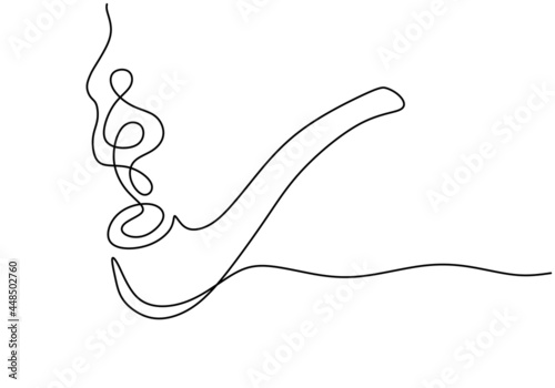 One continuous line drawing smoking pipe with smoke. Vintage tobacco pipe isolated on white background. Tube for smoking tobacco concept in a minimalistic linear style . Vector illustration
