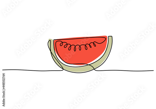 One continuous line drawing of sliced red watermelon. Fresh fruitage concept for fruit garden icon. Healthy organic food theme. Summer fruit isolated on white background. Vector illustration