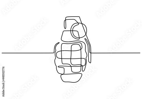 Continuous single line drawing of grenades isolated on white background. The equipment for war. Army weapon concept. Shield with gun vector illustration minimalism design