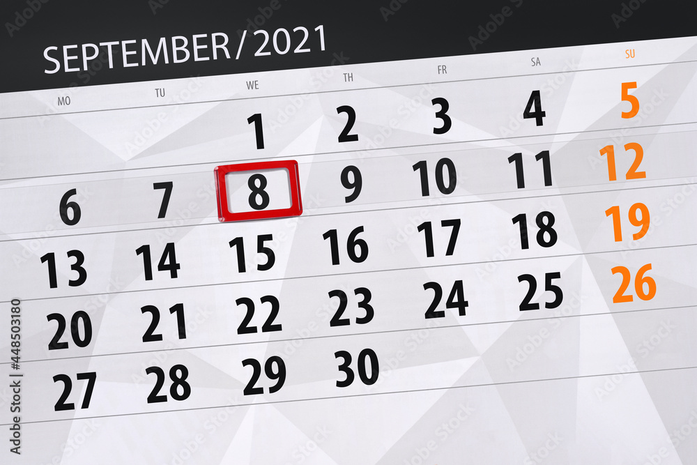 Obraz premium Calendar planner for the month september 2021, deadline day, 8, wednesday