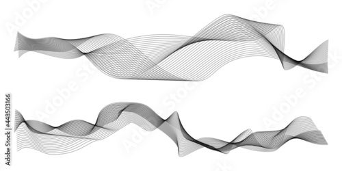 Waves abstract. Graphic line sonic or sound wave elements. Black curve lines dynamic forms, smoke or water backdrop, horizontal background, wallpaper design vector isolated on white set