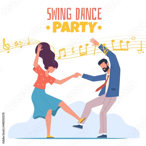 Boogie Woogie Dancing. Happy couple man and woman on swing dance party. Retro disco entertainment show, rock n roll music, poster on invitation card. Vector flat cartoon isolated concept