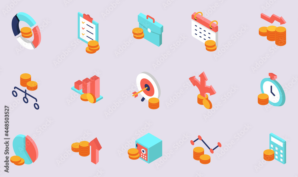 Vector Set of Isometric Icons Related to Business investment, Trade Service, Investment Strategy and Finance Manegement. Mono Line Pictograms and Infographics Design Elements