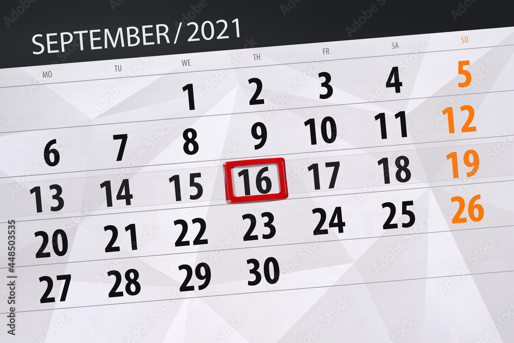 Obraz premium Calendar planner for the month september 2021, deadline day, 16, thursday
