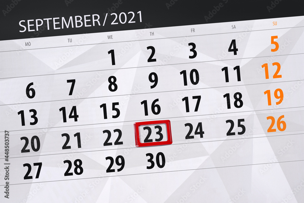 Obraz premium Calendar planner for the month september 2021, deadline day, 23, thursday
