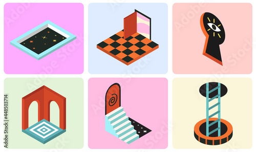 Vector Set of Isometric Abstract Sign Related to Psychology Symbols, New Opportunities, Internal Space of Soul and Portals Leading to Themselves - elements in trendy style