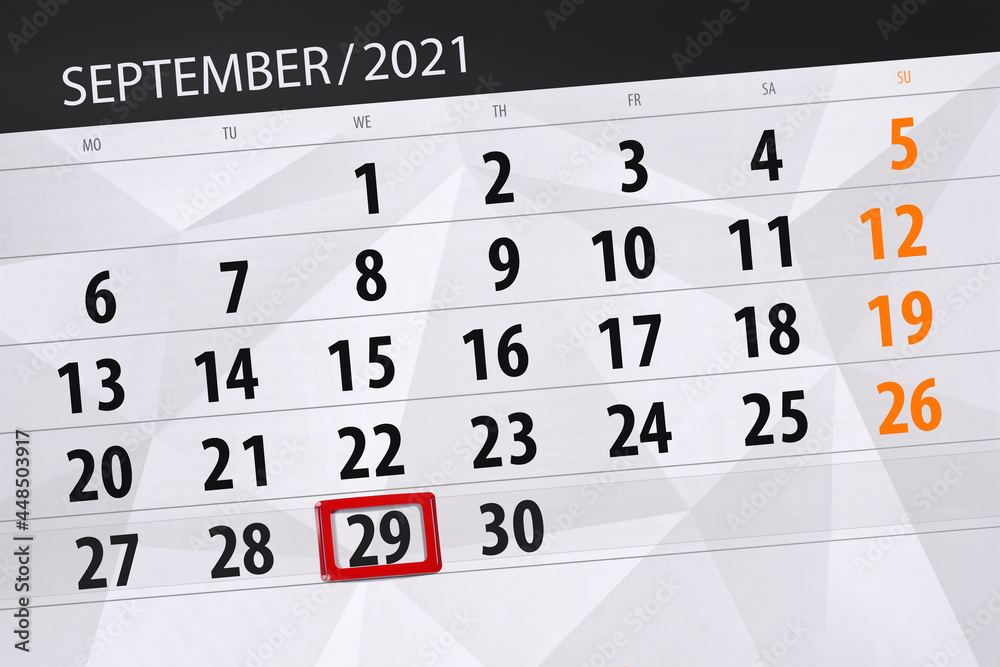 Obraz premium Calendar planner for the month september 2021, deadline day, 29, wednesday