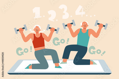Seniors follow dumbells workout