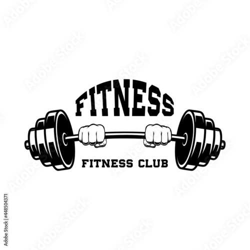 Fitness. Emblem template with hand with barbell. Design element for logo, label, sign, poster, t shirt. Vector illustration