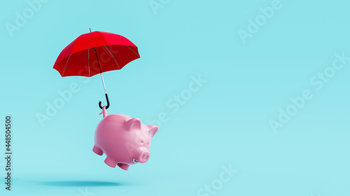 Piggy bank lifted by red umbrella on blue background. Savings growth concept 3D Rendering, 3D Illustration photo