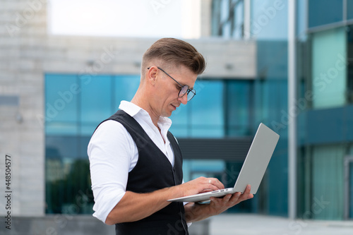 Business. Businessman Using Laptop Outdoor Summer Day