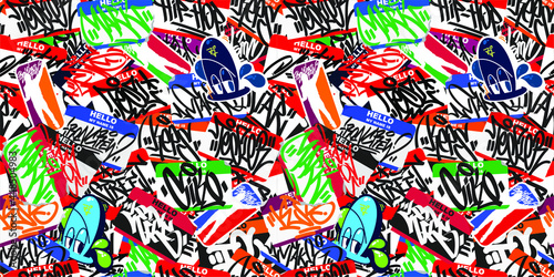 Abstract Seamless Colorful Urban Graffiti Style Sticker Bombing Hello My Name Is With Some Street Art Lettering Vector Illustration Art