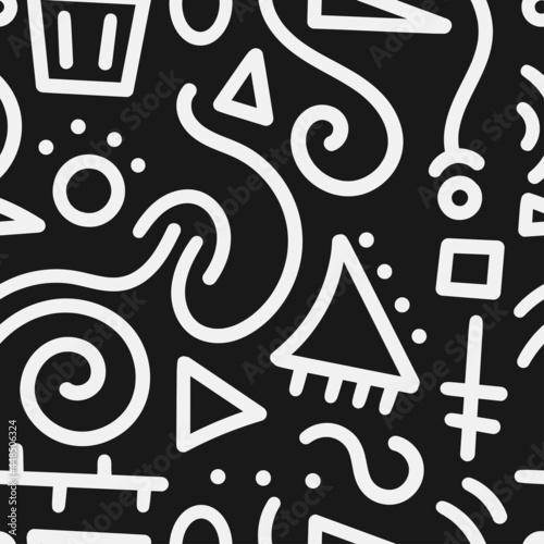 Seamless abstract pattern on black background. Vector doodle image. Graphic geometric ornament. Lineart doodle wallpaper.