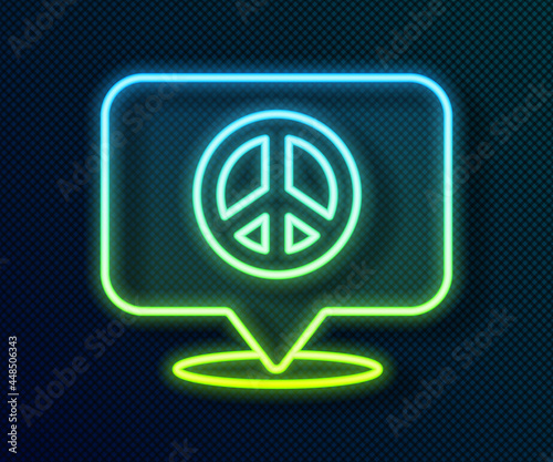 Glowing neon line Location peace icon isolated on black background. Hippie symbol of peace. Vector