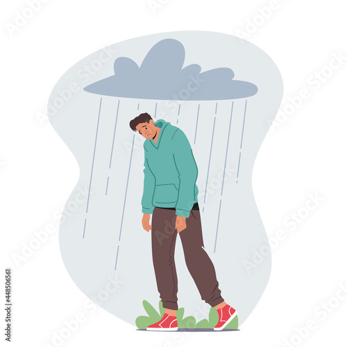 Depressed Anxious Man Suffer of Depression or Anxiety Problem Feel Frustrated Walking under Rainy Cloud above Head