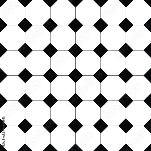 Seamless vector pattern. Classic geometric tiles background. Black and white interior tilling texture with squares and pentagon shapes.