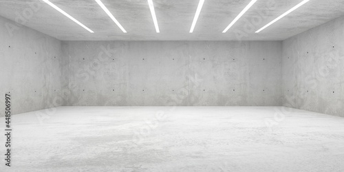 Empty modern abstract concrete room with fluorescent neon tube ceiling lights, product presentation template background