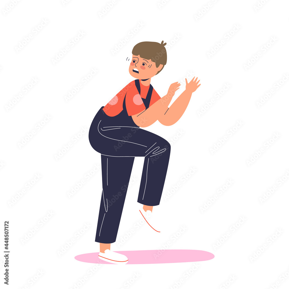 Fototapeta premium Scared afraid boy small kid running away. Frightened little child shocked or surprised in panic