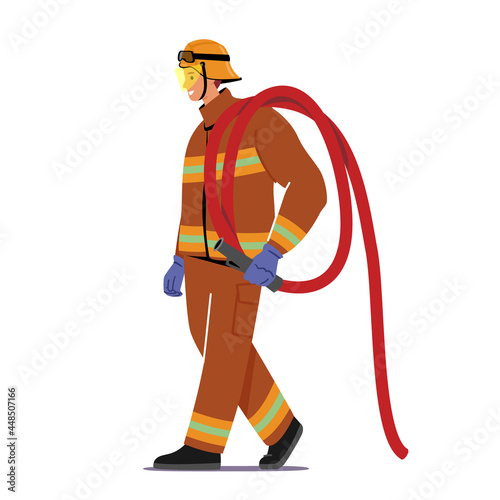 Brave Fireman Carry Water Hose on Shoulder, Equipment for Fighting with Blaze. Male Character in Firefighters Uniform