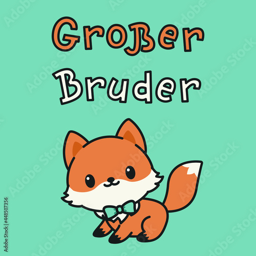 "Grosser Bruder" hand drawn vector lettering in German, in English means "Big Brother". Cute little fox character in a blue bow tie illustration. Vector art 