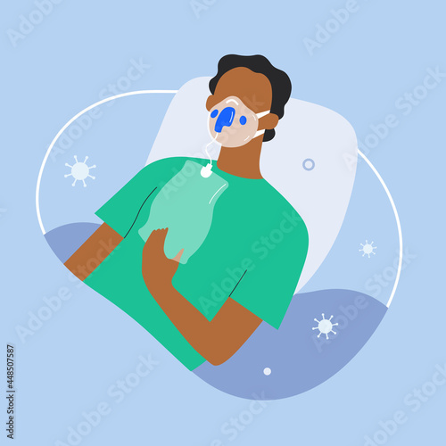 Oxygen therapy for covid patient in oxygen mask on NIV, covid-19 hypoxemia, african american senior woman suffering from low saturation, vector cartoon character, flat illustration photo