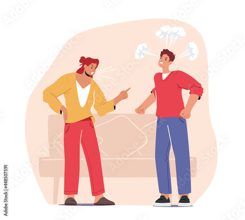 Family Quarrel Concept. Young Married Couple Quarreling. Man and Woman Sorting Things Out, Fighting. Scandal at Home
