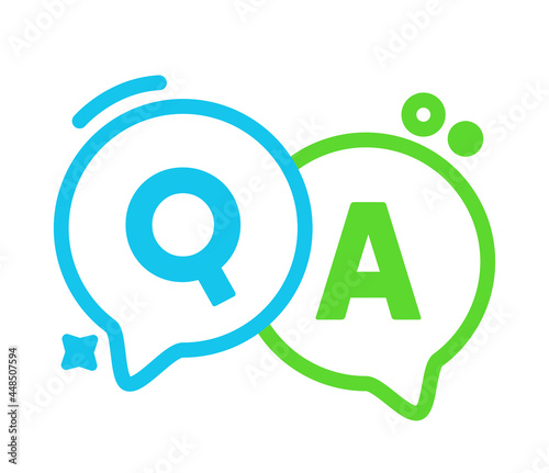 Leinwand Poster Q and A Linear Speech Bubbles, Green and Blue Outline Balloons, Question and Answer Concept