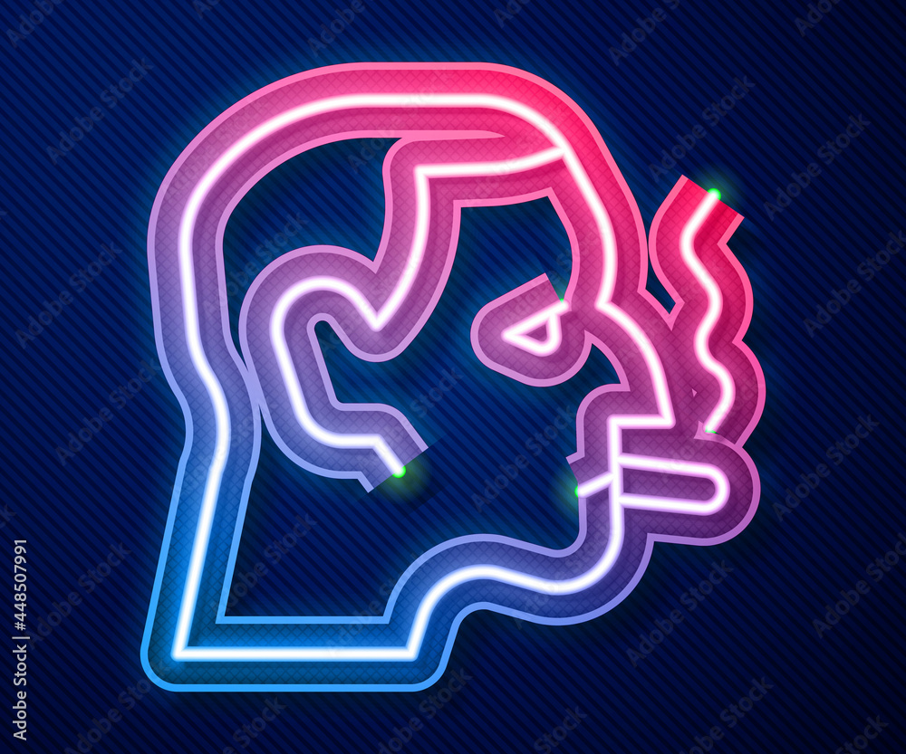 Glowing neon line Man smoking a cigarette icon isolated on blue background. Tobacco sign. Vector Glowing neon line Man smoking a cigarette icon isolated on blue background. Tobacco sign. Vector