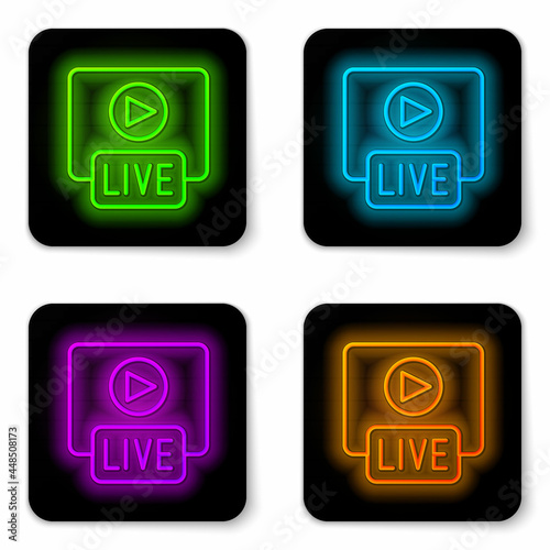 Glowing neon line Live streaming online videogame play icon isolated on white background. Black square button. Vector