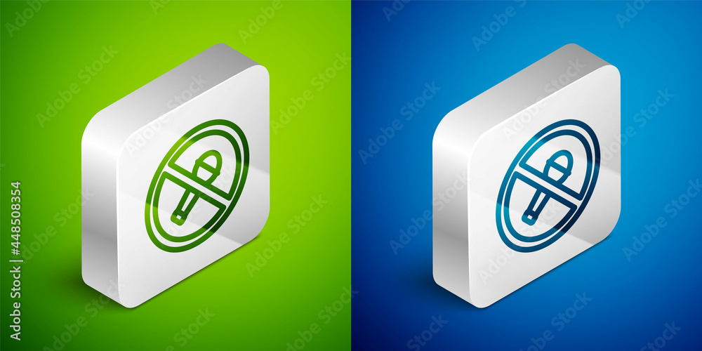 Isometric line Mute microphone icon isolated on green and blue background. Microphone audio muted. Silver square button. Vector Isometric line Mute microphone icon isolated on green and blue background. Microphone audio muted. Silver square button. Vector