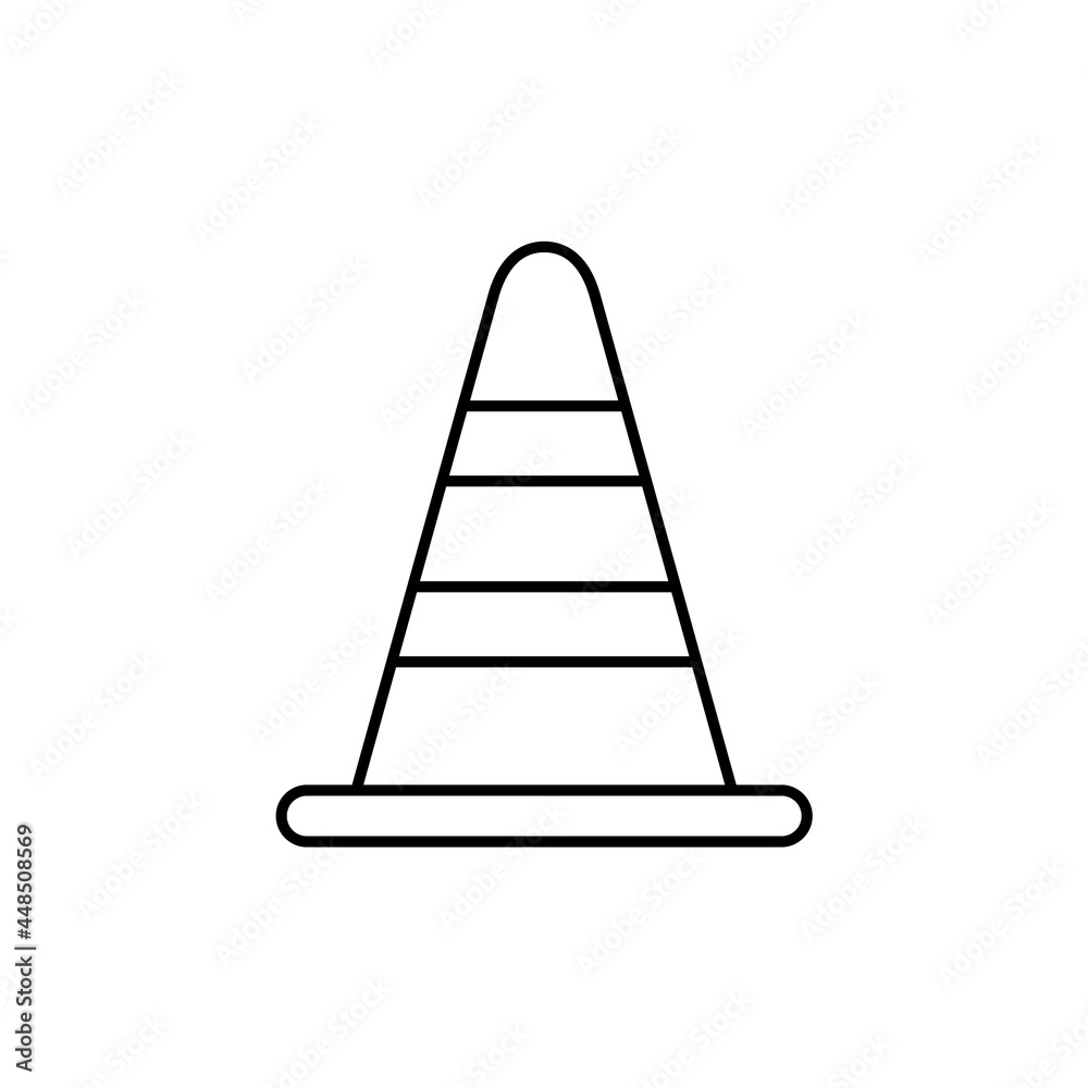 Traffic cone line icon. Work safety symbol. Road cone sign. Pylon marker construction industry. Tool for visibility and safety for the workers. Warning graphic. Vector illustration, flat, clip art. Traffic cone line icon. Work safety symbol. Road cone sign. Pylon marker construction industry. Tool for visibility and safety for the workers. Warning graphic. Vector illustration, flat, clip art.