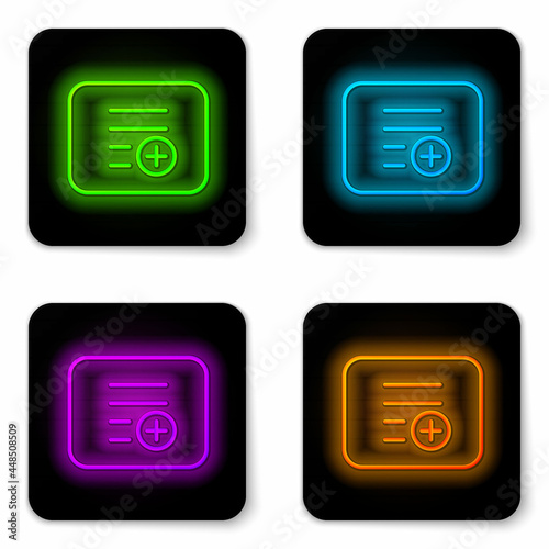 Glowing neon line Add to playlist icon isolated on white background. Black square button. Vector