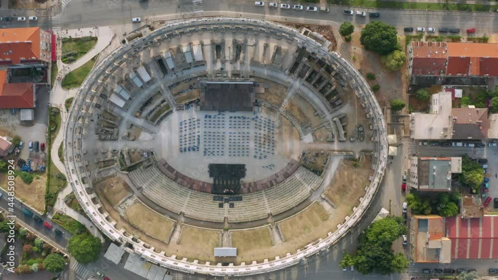 Aerial View Of Pula Arena In Pula, Croatia - Historic Roman Amphitheatre In Istria. Aerial View Of Pula Arena In Pula, Croatia - Historic Roman Amphitheatre In Istria.