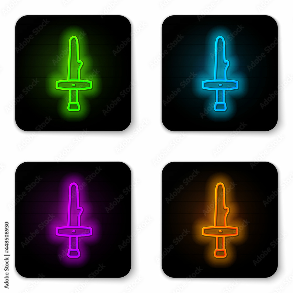 Glowing neon line Dagger icon isolated on white background. Knife icon. Sword with sharp blade. Black square button. Vector Glowing neon line Dagger icon isolated on white background. Knife icon. Sword with sharp blade. Black square button. Vector