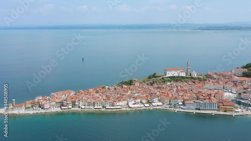 Aerial View Of Piran Town And Calm Blue Sea In Slovenia. photo