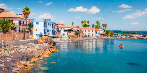 Superb summer cityscape of Koroni town, Messenia, Peloponnese, Greece, Europe. Perfect morning seascape of Ionia sea. Traveling concept background..