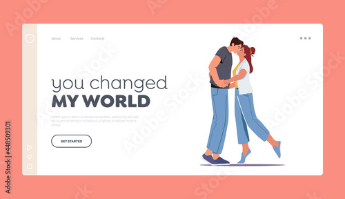 Loving Couple Kissing Landing Page Template. Young People Spend Time Together Holding Hands. Characters Fall in Love
