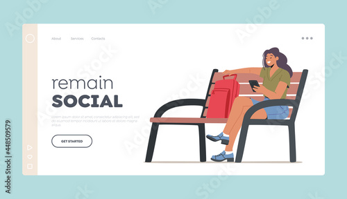 Internet Surfing Landing Page Template. Young Woman with Mobile Phone and Backpack Sitting on Bench. Smiling Student