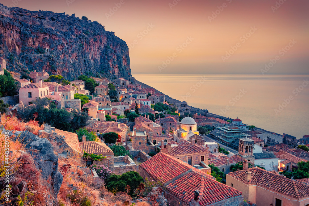 Spectacular summer cityscape of Monemvasia town. Splendid outdoor scene of Peloponnese peninsula, Greece, Europe. Beautiful Myrtoanian seascape.