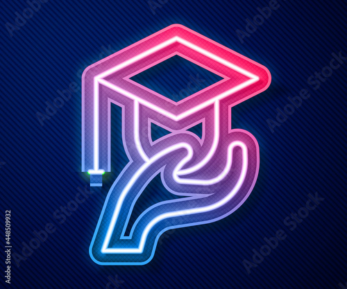 Glowing neon line Education grant icon isolated on blue background. Tuition fee, financial education, budget fund, scholarship program, graduation hat. Vector