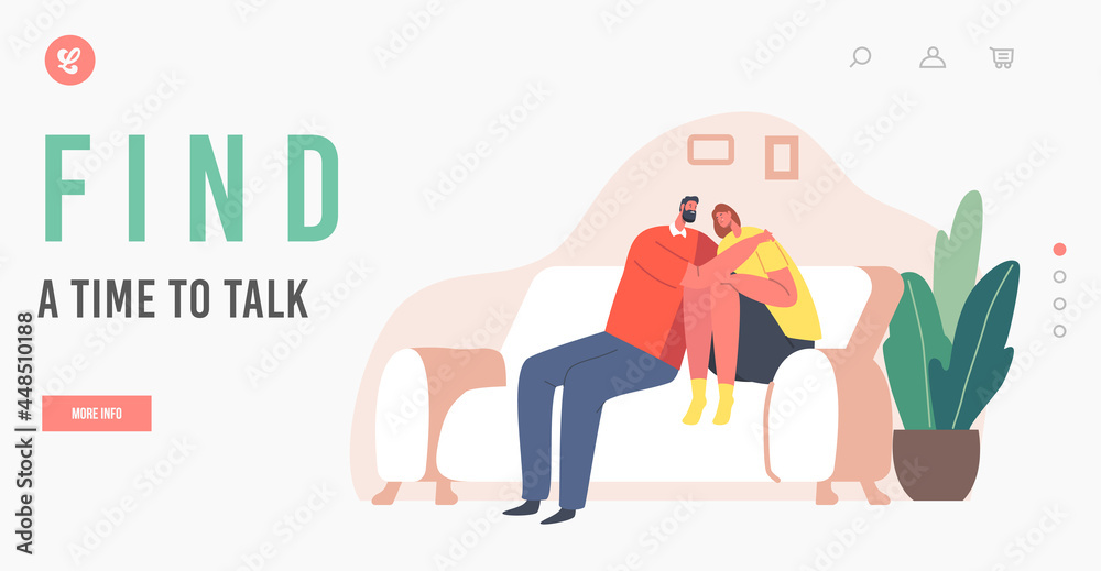 Fototapeta premium Find Time to Talk Landing Page Template. Loneliness, Anxiety, Empathy. Man Gives Comfort and Support to Woman Hug her