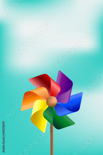 Vector small colorful windmill or toy rainbow windmill for kid on blue sky background Symbol color of LGBTQ group toy that is red orange yellow green blue and purple with text