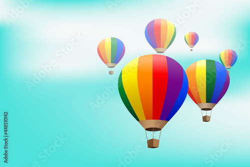 Vector hot air balloon on blue sky background Symbol color of LGBTQ group toy that is red orange yellow green blue and purple Many multicolored balloons float in the bright sky