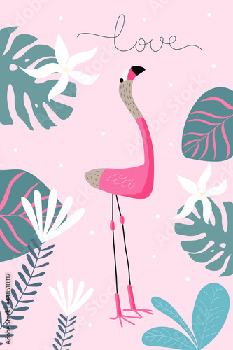 Summer tropical print with pink flamingos. Cute Exotic Flamingo character. Love 