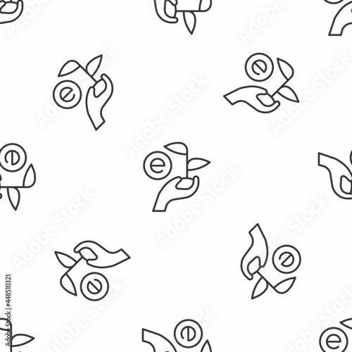 Grey line Leaf in hand of environmental protection icon isolated seamless pattern on white background. Seed and seedling. Planting sapling. Ecology concept. Vector