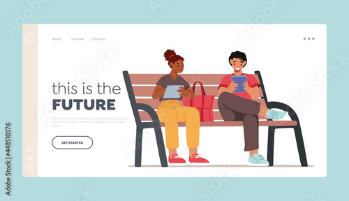 Social Media Networking, Virtual Communication Page Template. Young Man and Woman Sitting on Bench in Park with Gadgets