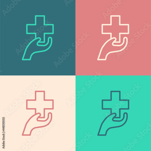 Pop art line Heart with a cross icon isolated on color background. First aid. Healthcare, medical and pharmacy sign. Vector