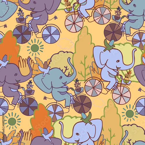 Seamless vector colorful pattern design of a cute cycling elephant on bicycle