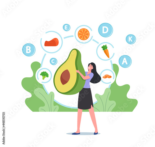 Tiny Female Character Hold Huge Fresh Avocado Fruits for Skin Health, Detox, Fortified Nutrition, Healthy Food for Skin