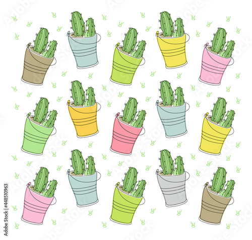 Stylized cacti growing in metal
multi-colored bucket. A wonderful home plant. Flat vector pattern.
